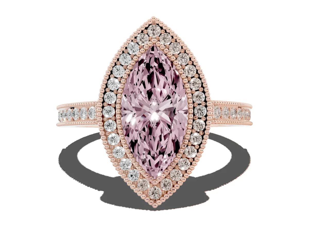 Fancy Pink Marquise Cut Cut Halo Diamond Ring with Pavé Band and Milgrain Prong Setting Rose gold