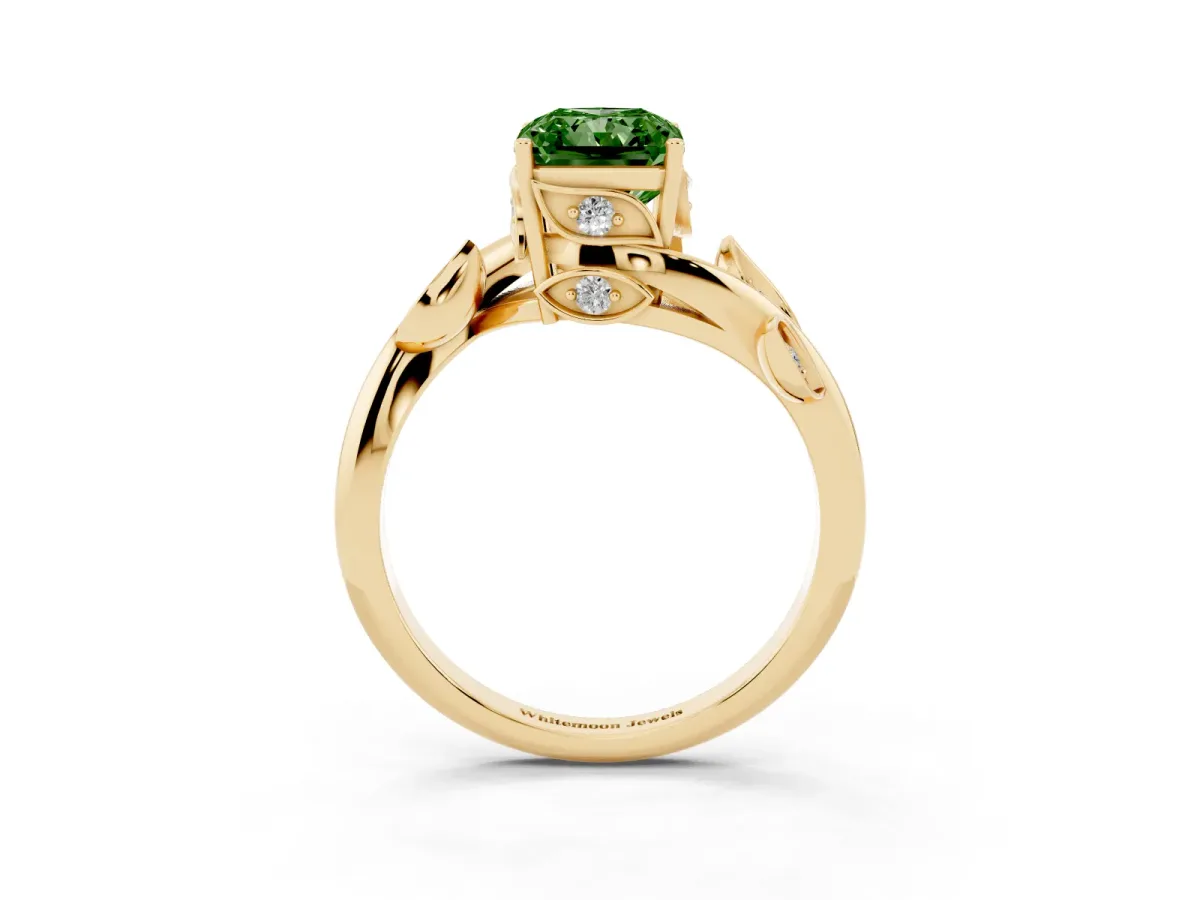 Fancy Green Radiant Cut Solitaire Twist Engagement Ring with Leaf Accents and Prong Setting Yellow gold