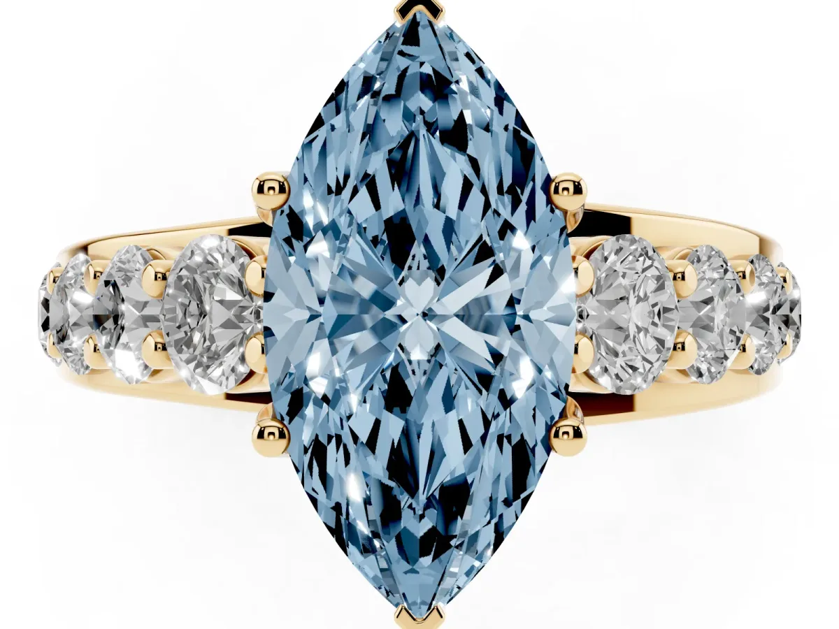 Fancy Blue Marquise Cut Diamond Engagement Ring with Pavé Band and Four-Prong Setting Yellow gold
