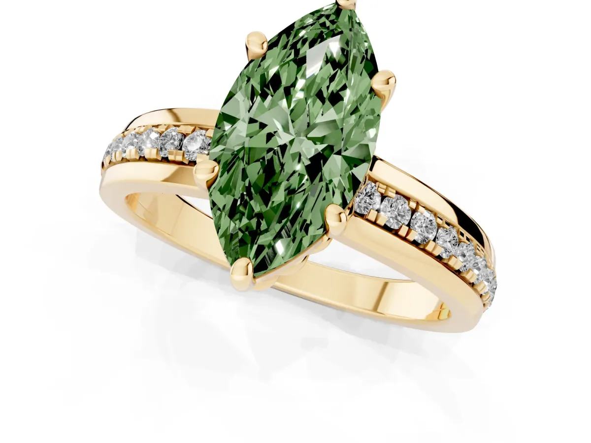 Fancy Green Marquise Cut Solitaire Diamond Ring with Channel Set Band and Six-Prong Setting Yellow gold