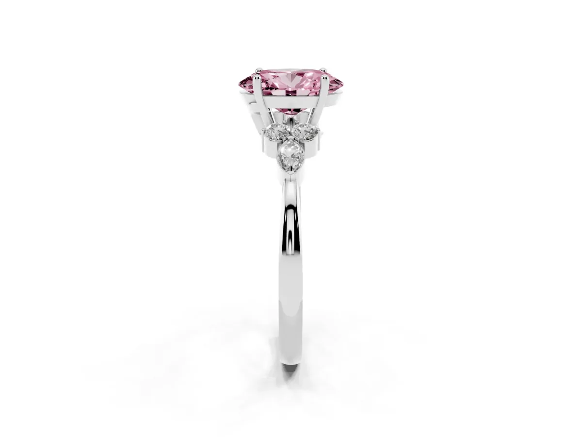 Fancy Pink Oval Cut Brilliant Diamond Solitaire Ring with Pear Side Stones and Four-Prong Setting Silver