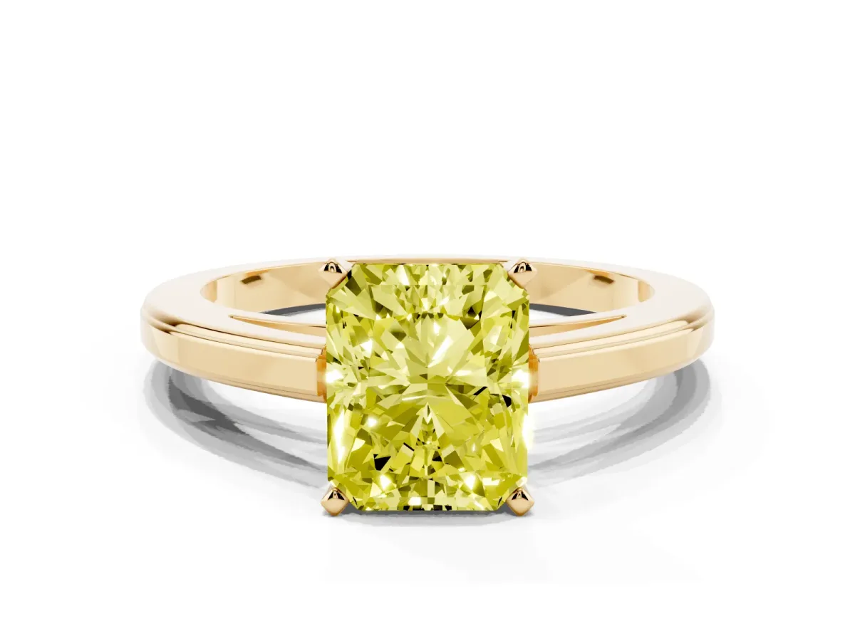 Fancy Yellow Radiant Cut Solitaire Diamond Ring with Four-Prong Setting and Classic Band Yellow gold
