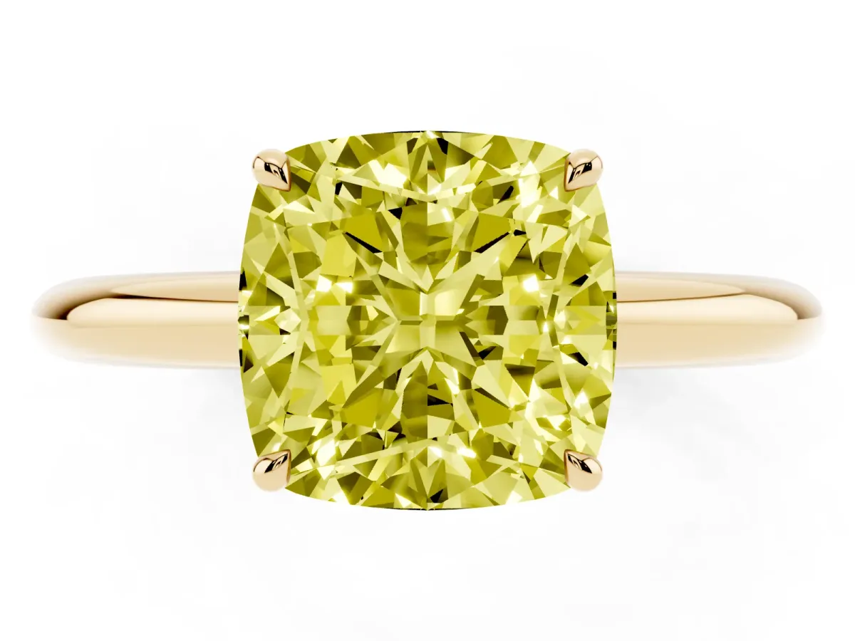 Fancy Yellow Cushion Cut Brilliant Solitaire Engagement Ring with Six-Prong Setting and Classic Band Yellow gold