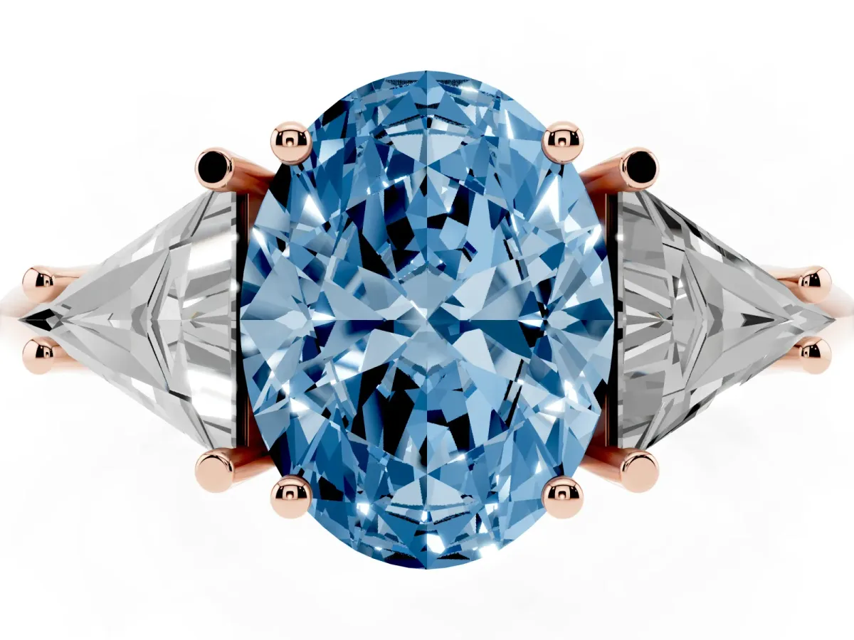 Fancy Blue Three-Stone Oval Cut Diamond Engagement Ring with Trillion Side Stones and Prong Setting Rose gold