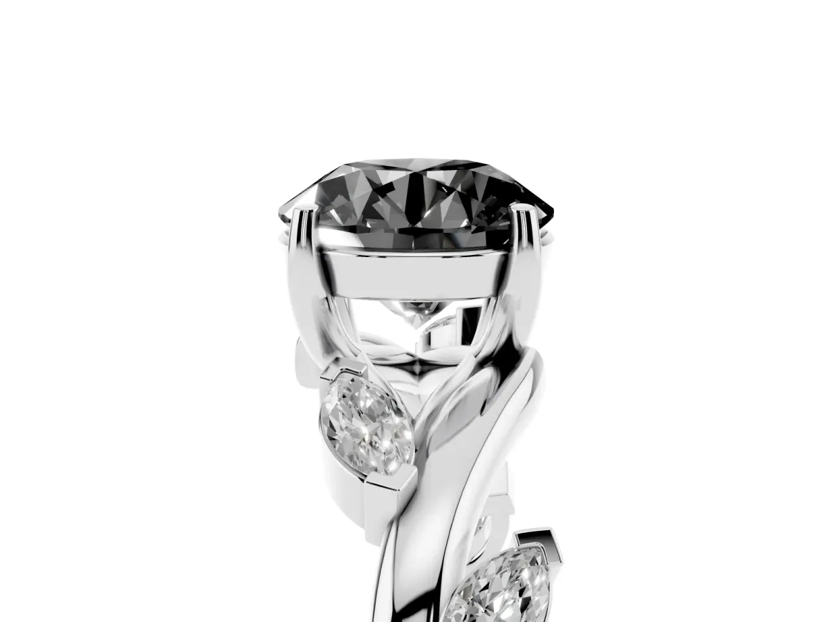 Fancy Black Round Cut Solitaire Twisted Band Marquise Accent Prong Setting Ring Silver
