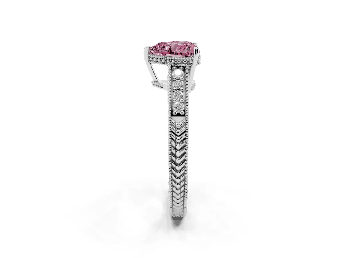 Fancy Pink Heart Cut Solitaire Pavé Diamond Milgrain Engagement Ring with Four-Prong Setting Silver
