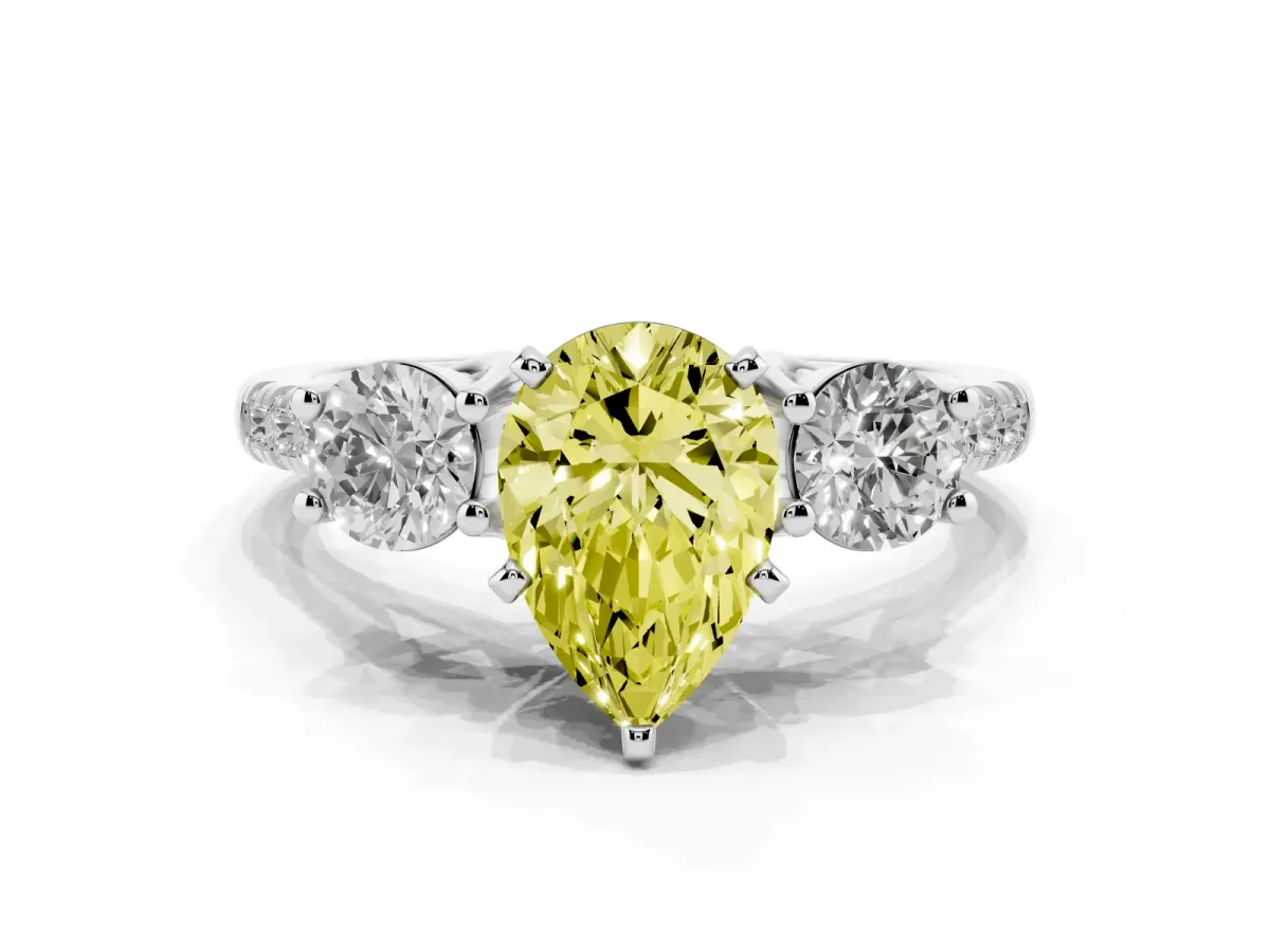 Fancy Yellow Three-Stone Pear Cut Diamond Pavé Band with Four-Prong Setting Platinum