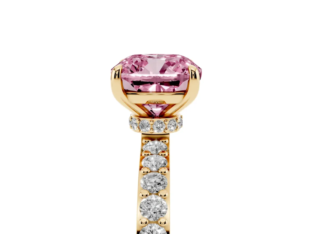 Fancy Pink Cushion Cut Diamond Pavé Engagement Ring with Round Accents and Prong Setting Yellow gold