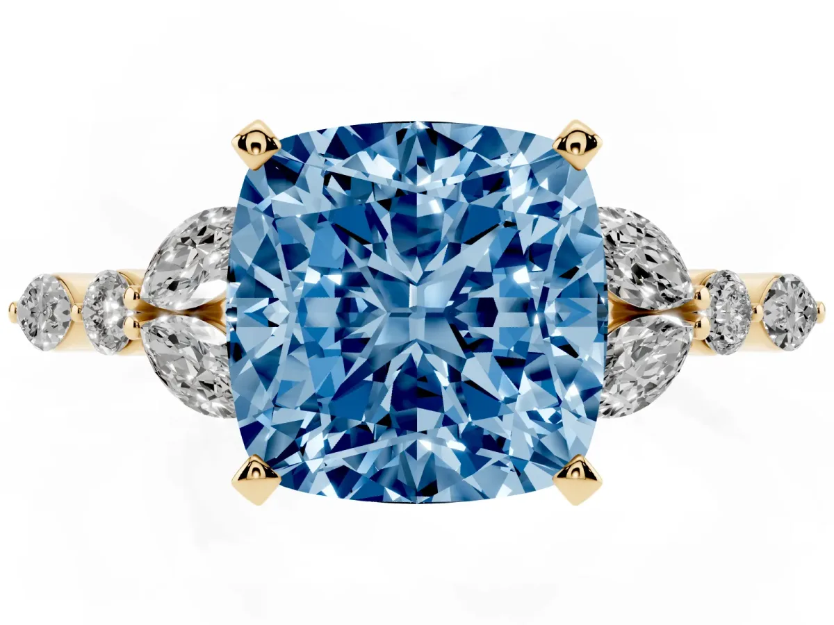 Fancy Blue Cushion Cut Diamond Solitaire Ring with Side Stones and Four-Prong Setting Yellow gold