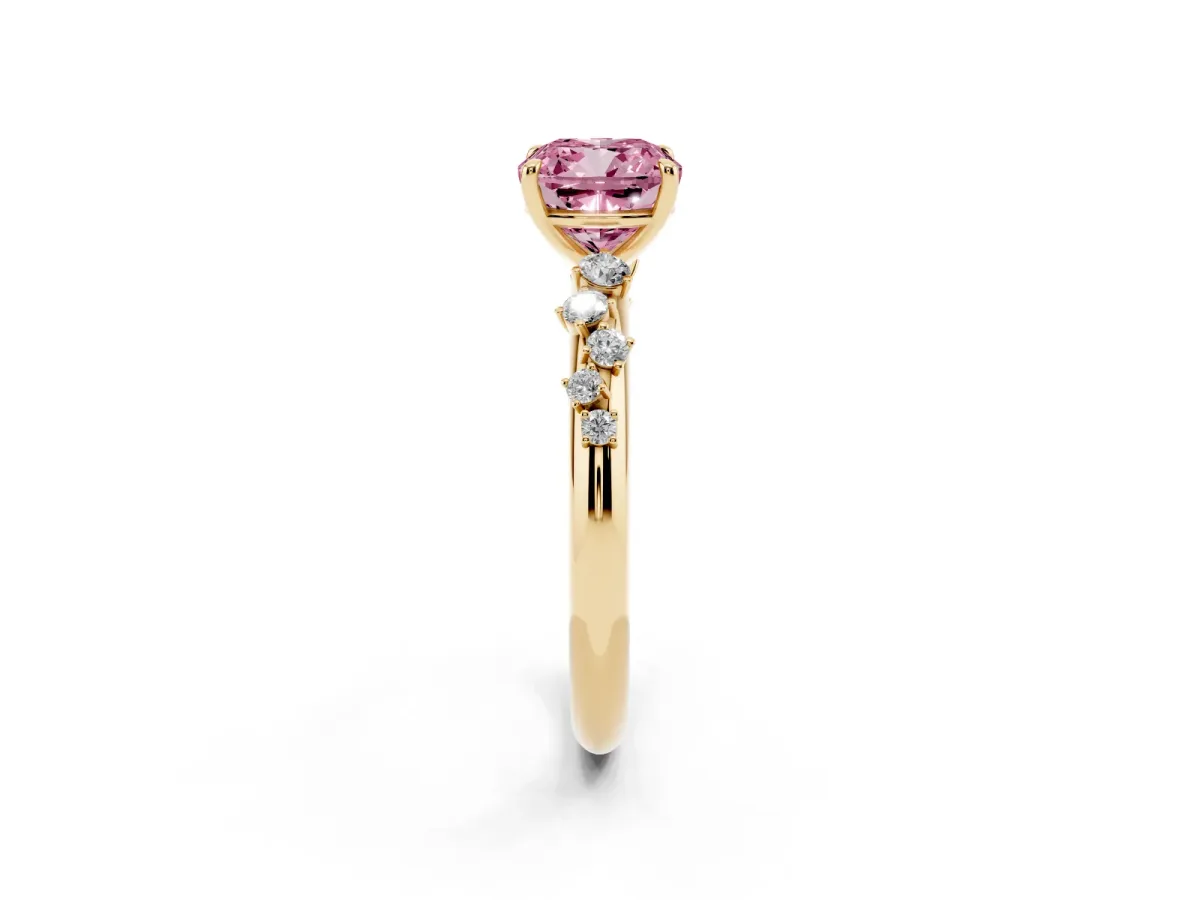Fancy Pink Cushion Cut Diamond Cluster Prong-Set Solitaire Ring Yellow gold
