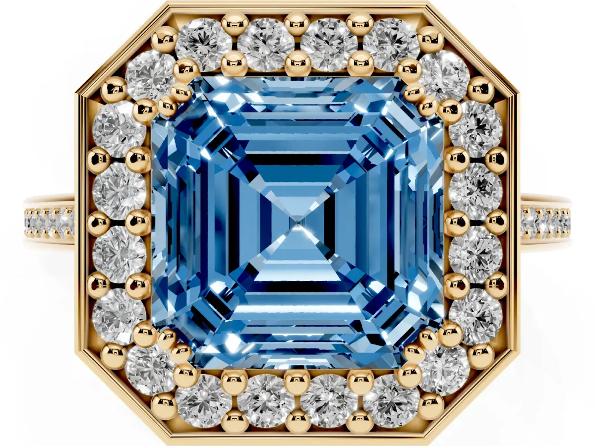 Fancy Blue Asscher Cut Diamond Halo Ring with Split Shank and Four-Prong Setting Yellow gold