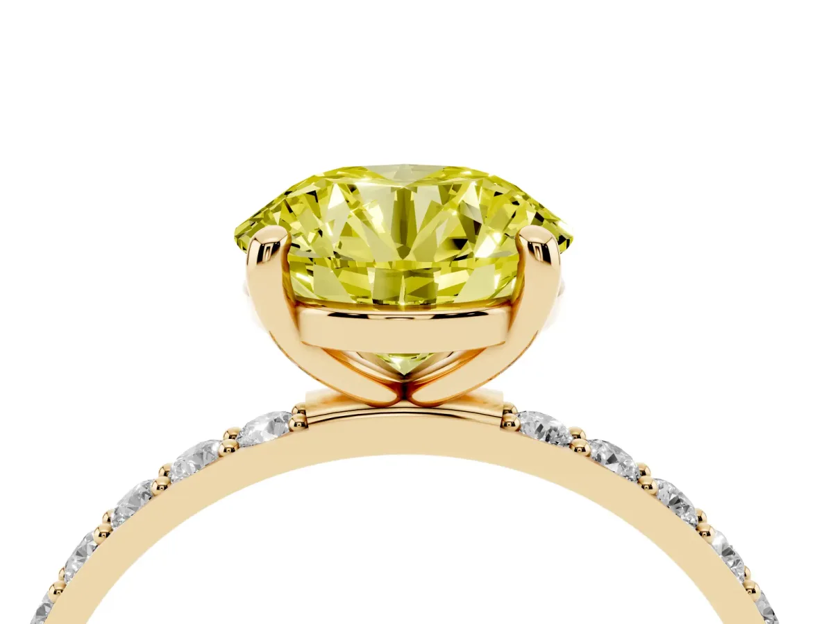 Fancy Yellow Round Cut Diamond Solitaire Ring with Round Pavé Band and Prong Setting Yellow gold