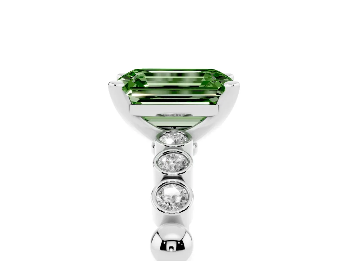 Fancy Green Emerald Cut Solitaire Bezel Accent Diamond Engagement Ring with Beaded Band and Four-Prong Setting Silver