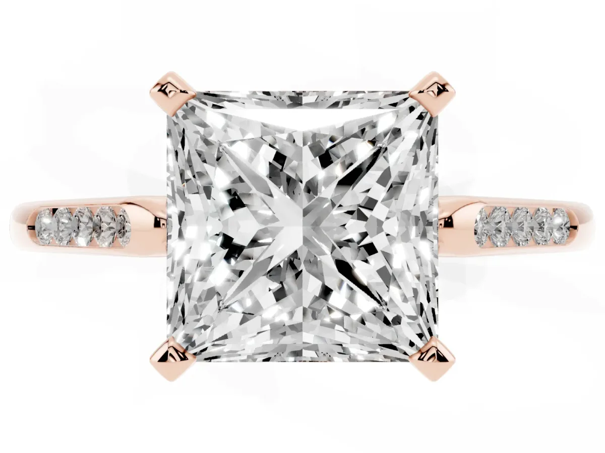 Princess Cut Diamond Solitaire Ring with Channel Set Round Band and Prong Setting Rose gold