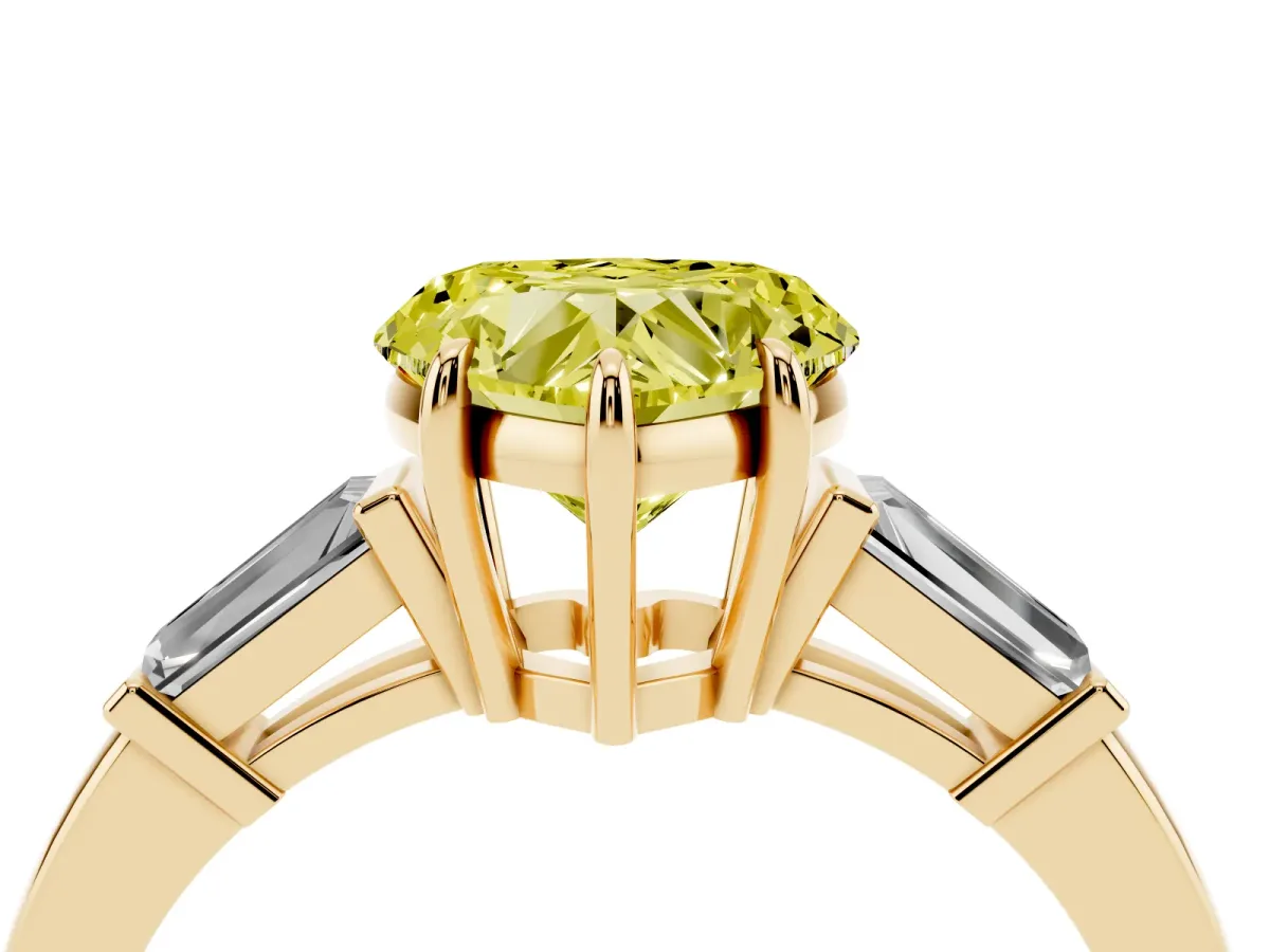 Fancy Yellow Heart Cut Diamond Three-Stone Ring with Tapered Baguette Side Stones and Prong Setting Yellow gold