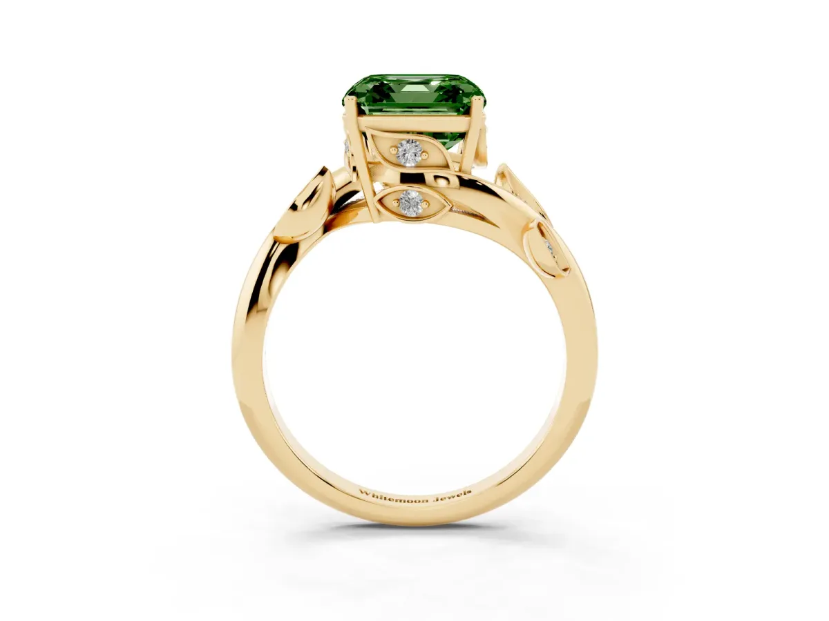Fancy Green Asscher Cut Solitaire Twist Engagement Ring with Leaf Accents and Prong Setting Yellow gold