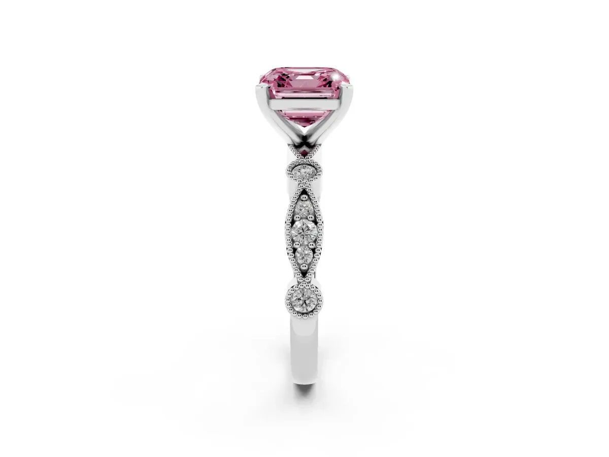 Fancy Pink Asscher Cut Milgrain Bezel Diamond Engagement Ring with Solitaire Prong Setting Platinum