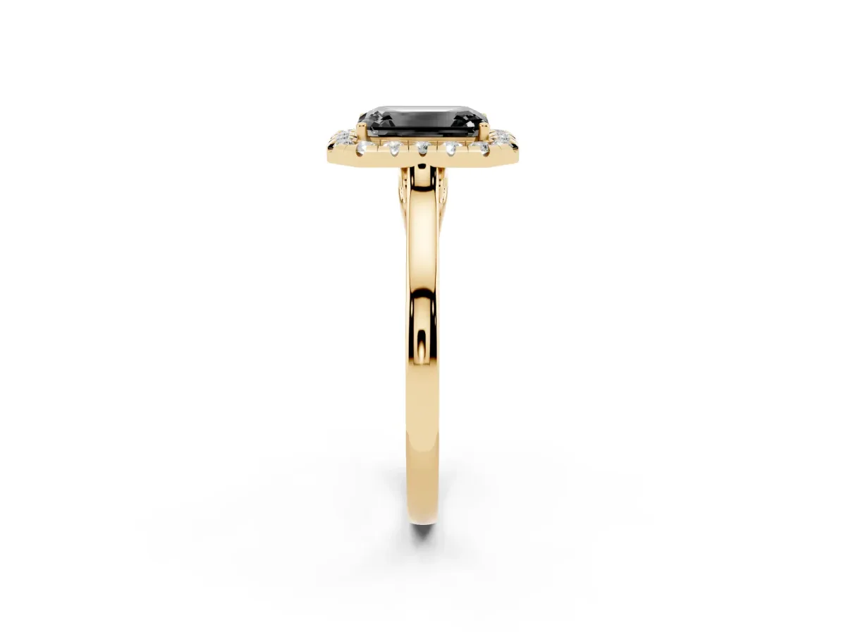 Fancy Black Emerald Cut Halo Round Diamond Solitaire Ring with Pavé Band and Four-Prong Setting Yellow gold