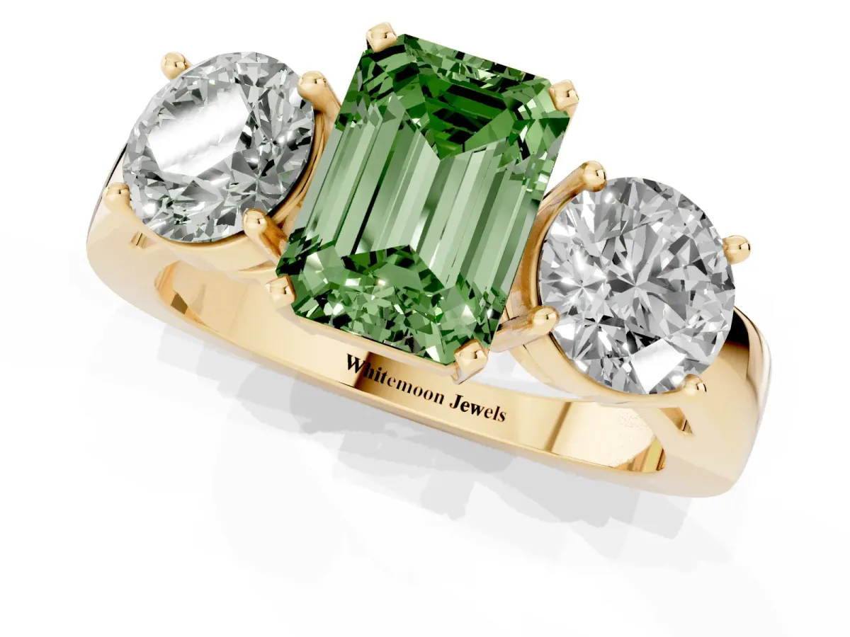 Fancy Green Three-Stone Emerald Cut Diamond Ring with Round Side Stones, Classic Band, and Four-Prong Setting Yellow gold