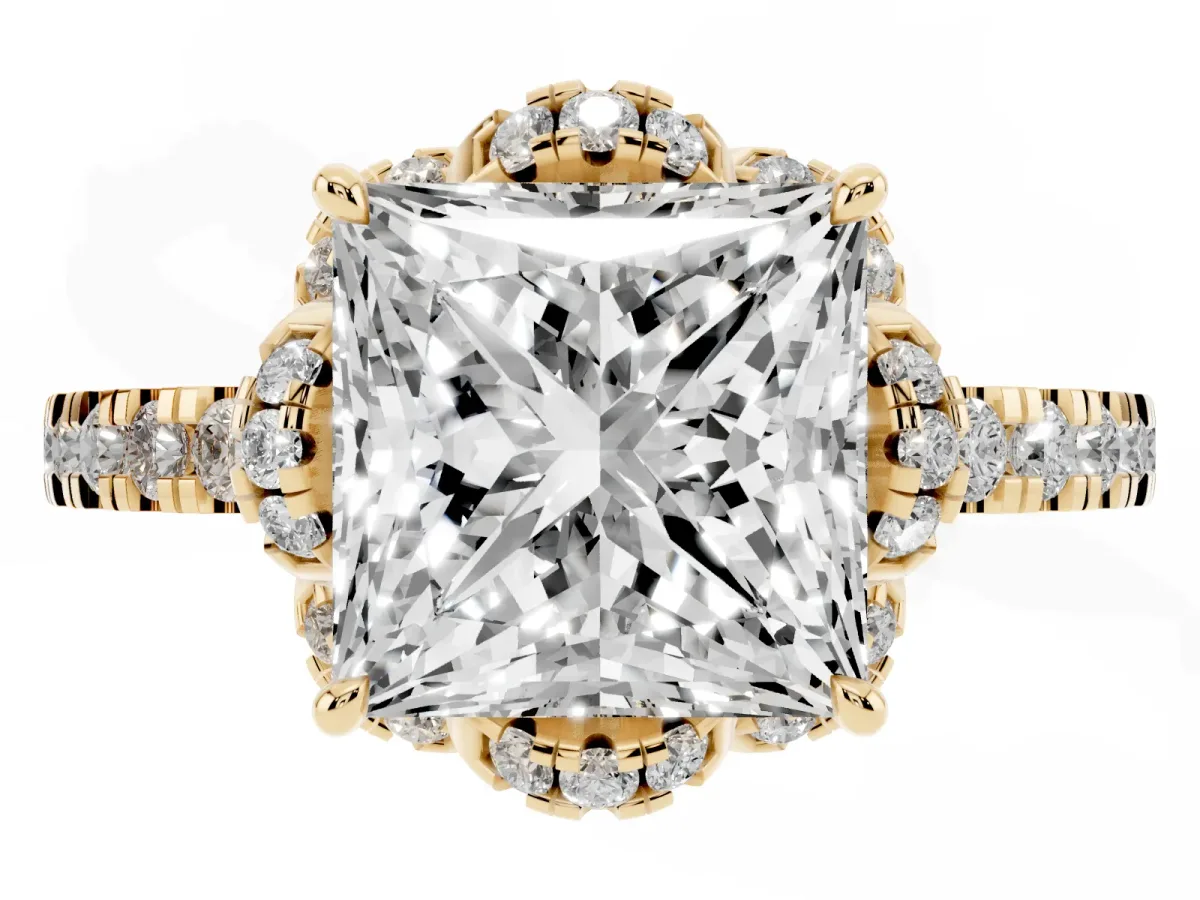 Princess Cut Halo Diamond Pave Band Ring with Four-Prong Setting Yellow gold