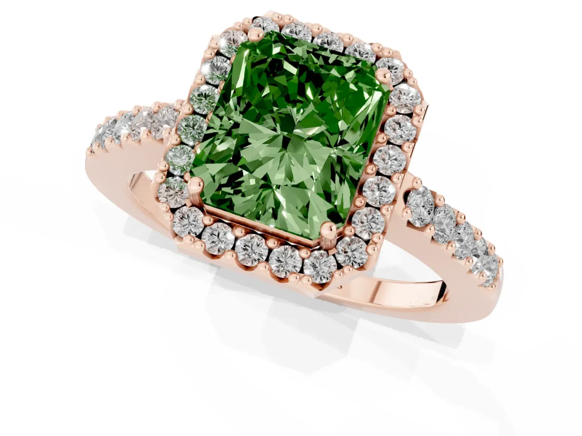 Fancy Green Radiant Cut Halo Diamond Pavé Solitaire Ring Rose gold