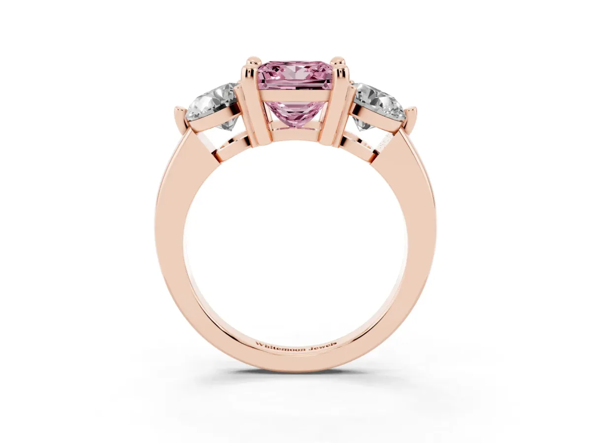 Fancy Pink Three-Stone Princess Cut Brilliant Cut Solitaire Ring with Prong Setting on a Classic Band Rose gold
