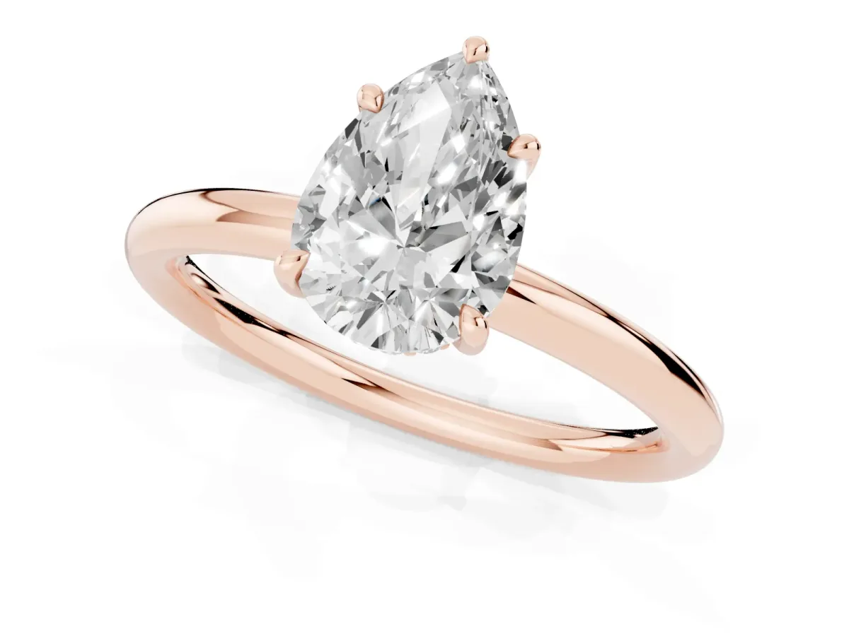 Pear Cut Diamond Solitaire Ring with Thin Band and Four-Prong Setting Rose gold
