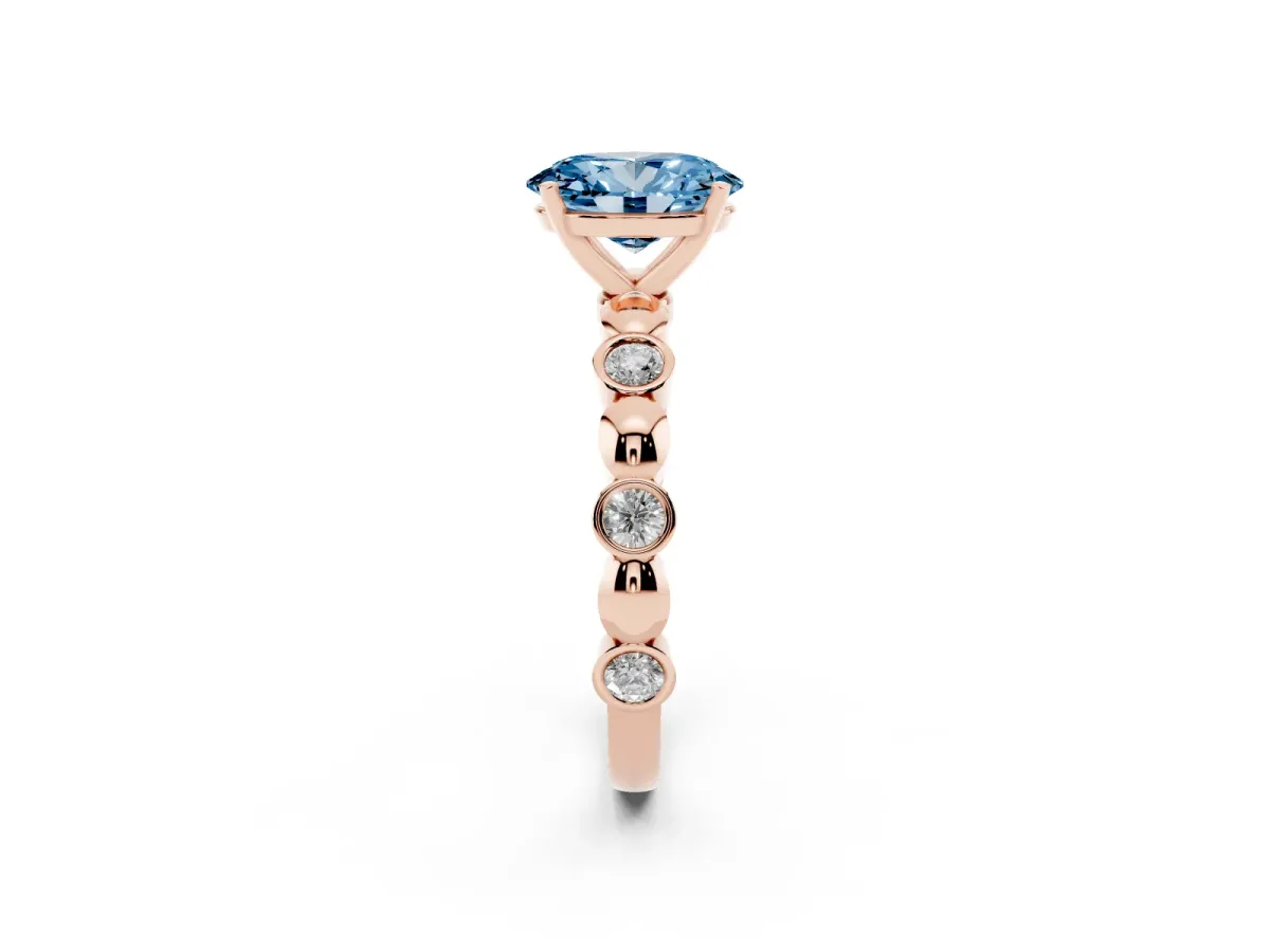 Fancy Blue Oval Cut Solitaire Bezel-Set Diamond Ring with Beaded Band and Four-Prong Setting Rose gold