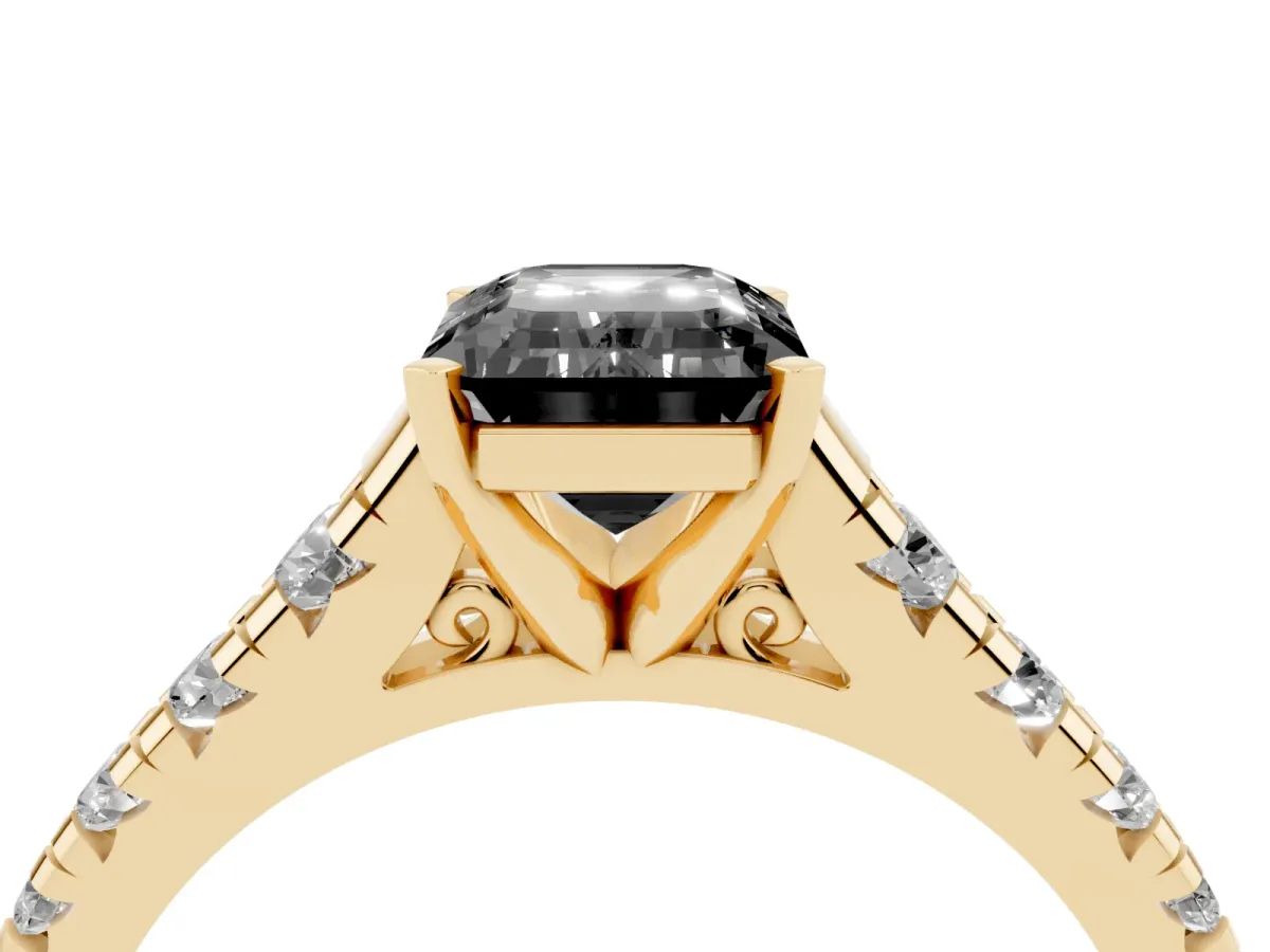 Fancy Black Emerald Cut Diamond Cathedral Solitaire Ring with Round Pavé Band Yellow gold