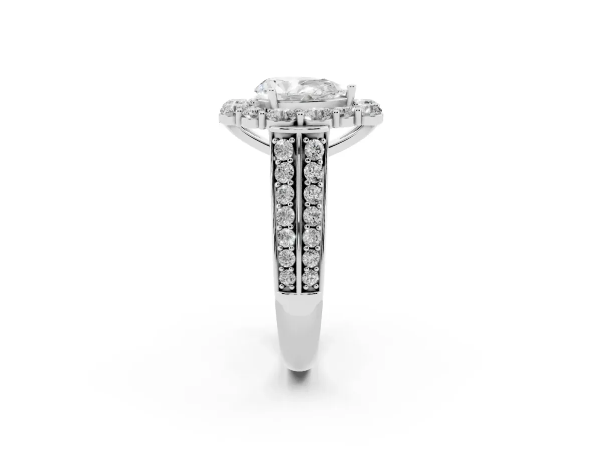 Pear Cut Halo Diamond Engagement Ring with Split Shank and Prong Setting Silver
