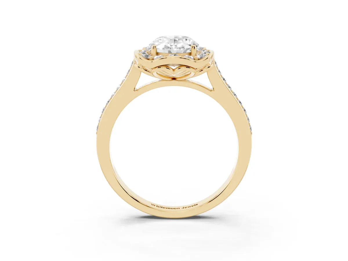 Oval Cut Halo Round Diamond Pave Band with Four-Prong Setting Yellow gold