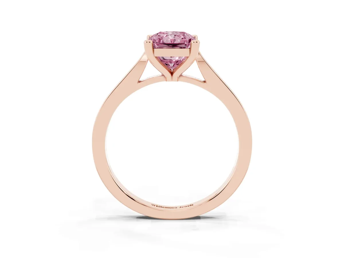 Fancy Pink Radiant Cut Solitaire Diamond Ring with Four-Prong Setting and Tapered Band Rose gold