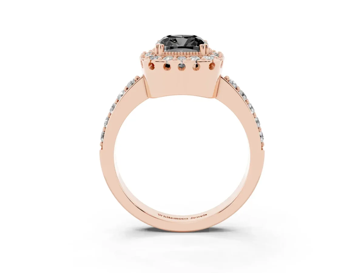 Fancy Black Cushion Cut Diamond Halo Ring with Pavé Band and Prong Setting Rose gold