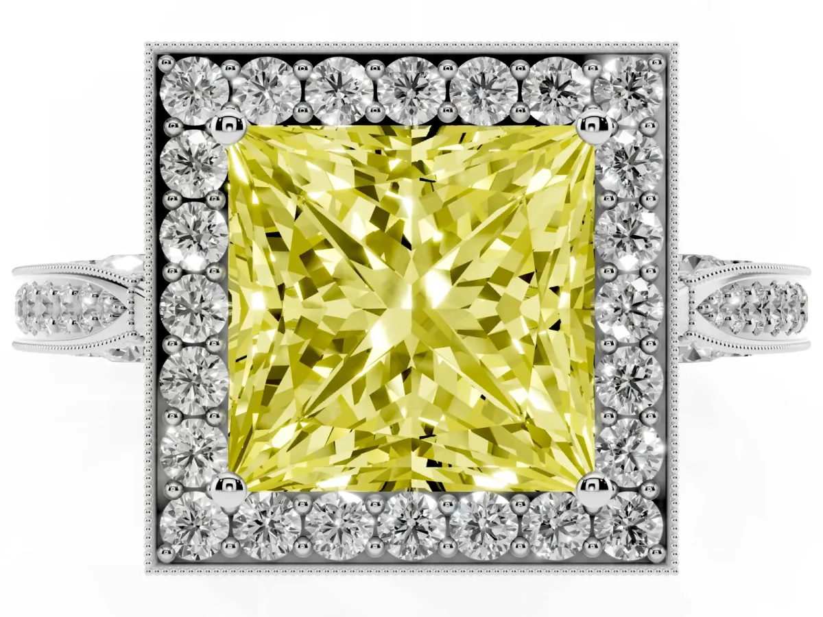 Fancy Yellow Princess Cut Halo Diamond Engagement Ring with Split Shank Band and Four-Prong Setting Silver