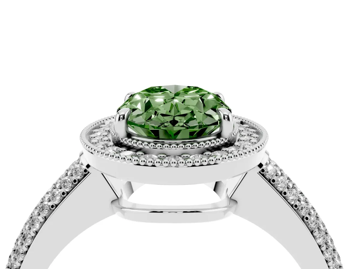Fancy Green Oval Cut Cut Halo Diamond Pave Band with Four-Prong Setting Silver