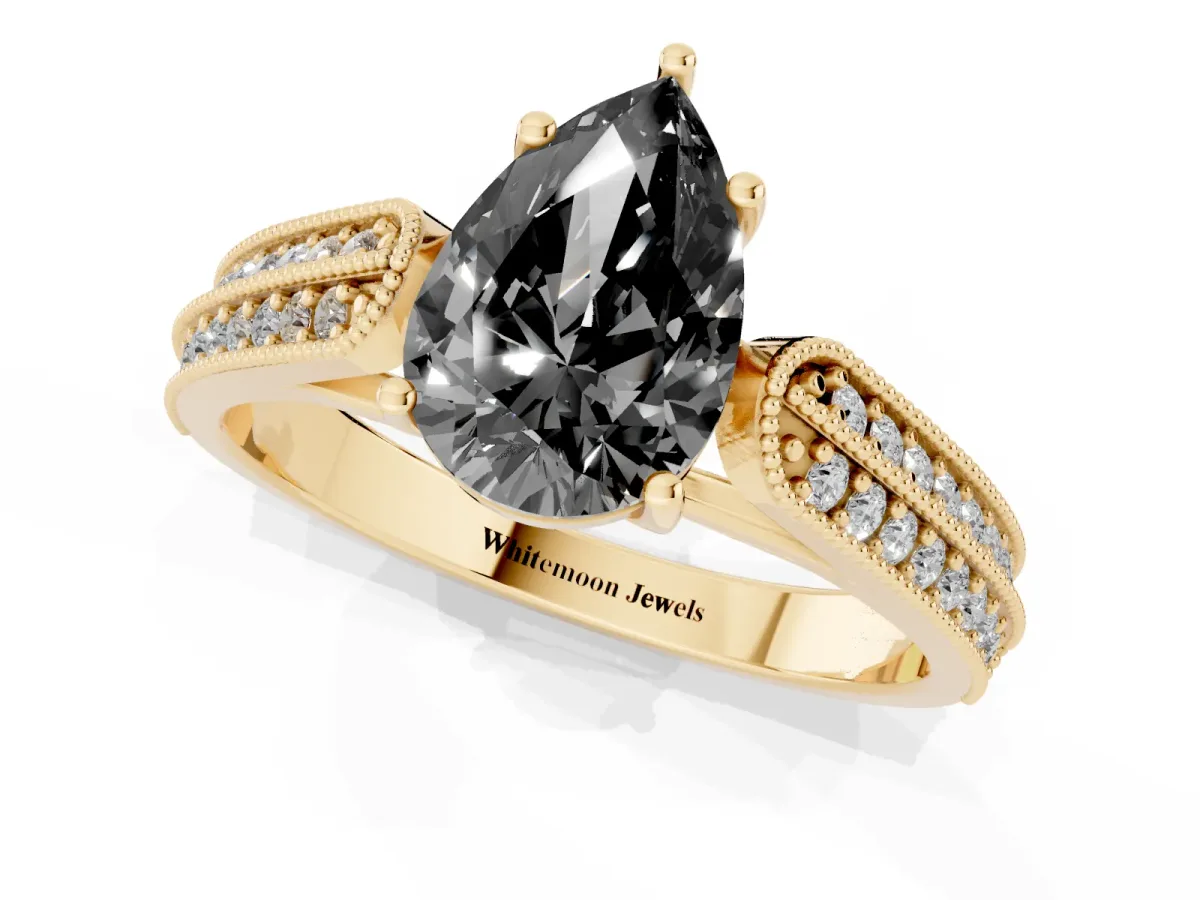 Fancy Black Pear Cut Cut Pave Split Shank Engagement Ring with Four-Prong Setting Yellow gold