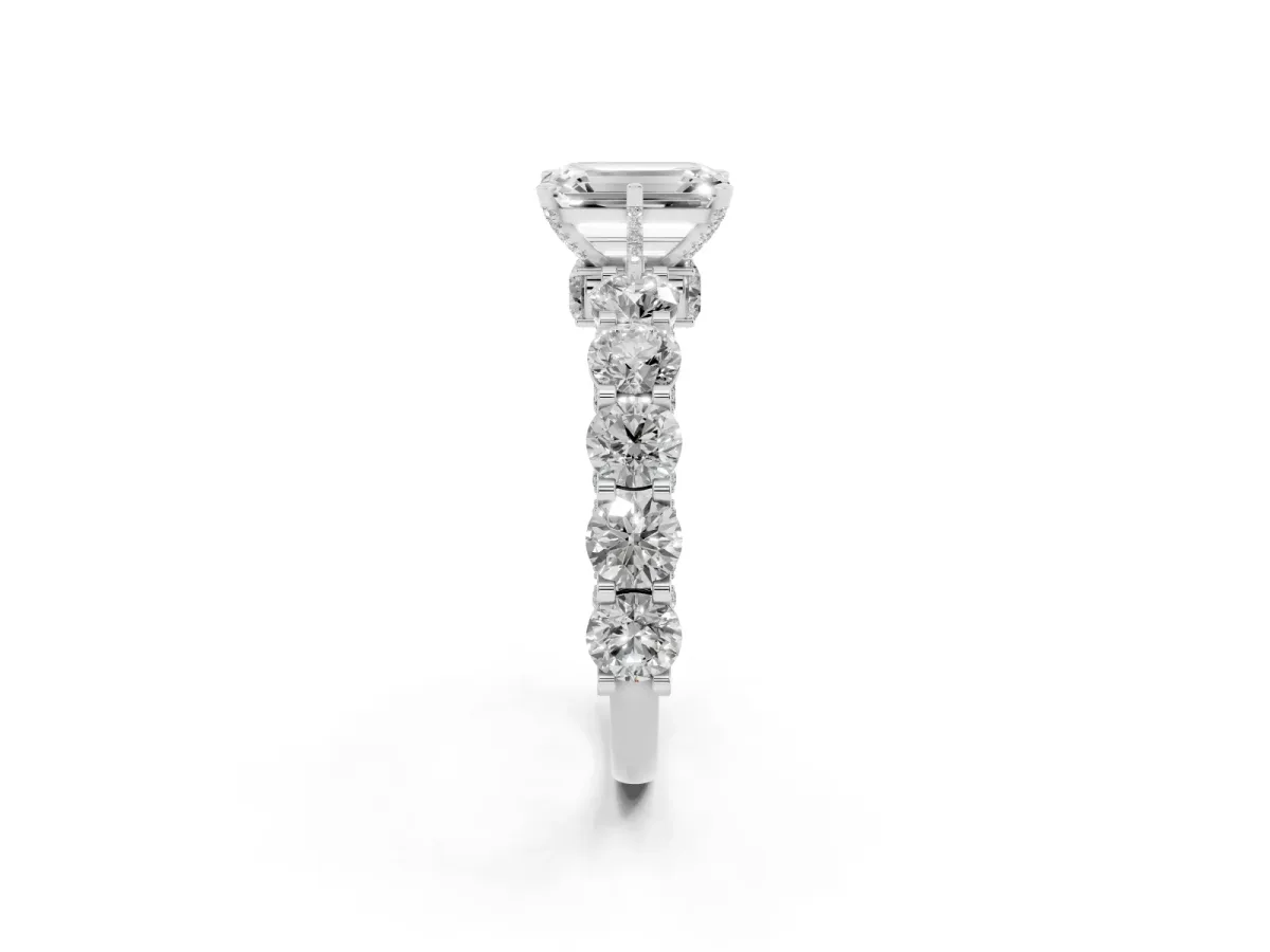 Emerald Cut Diamond Side Stone Engagement Ring with Four-Prong Setting Silver