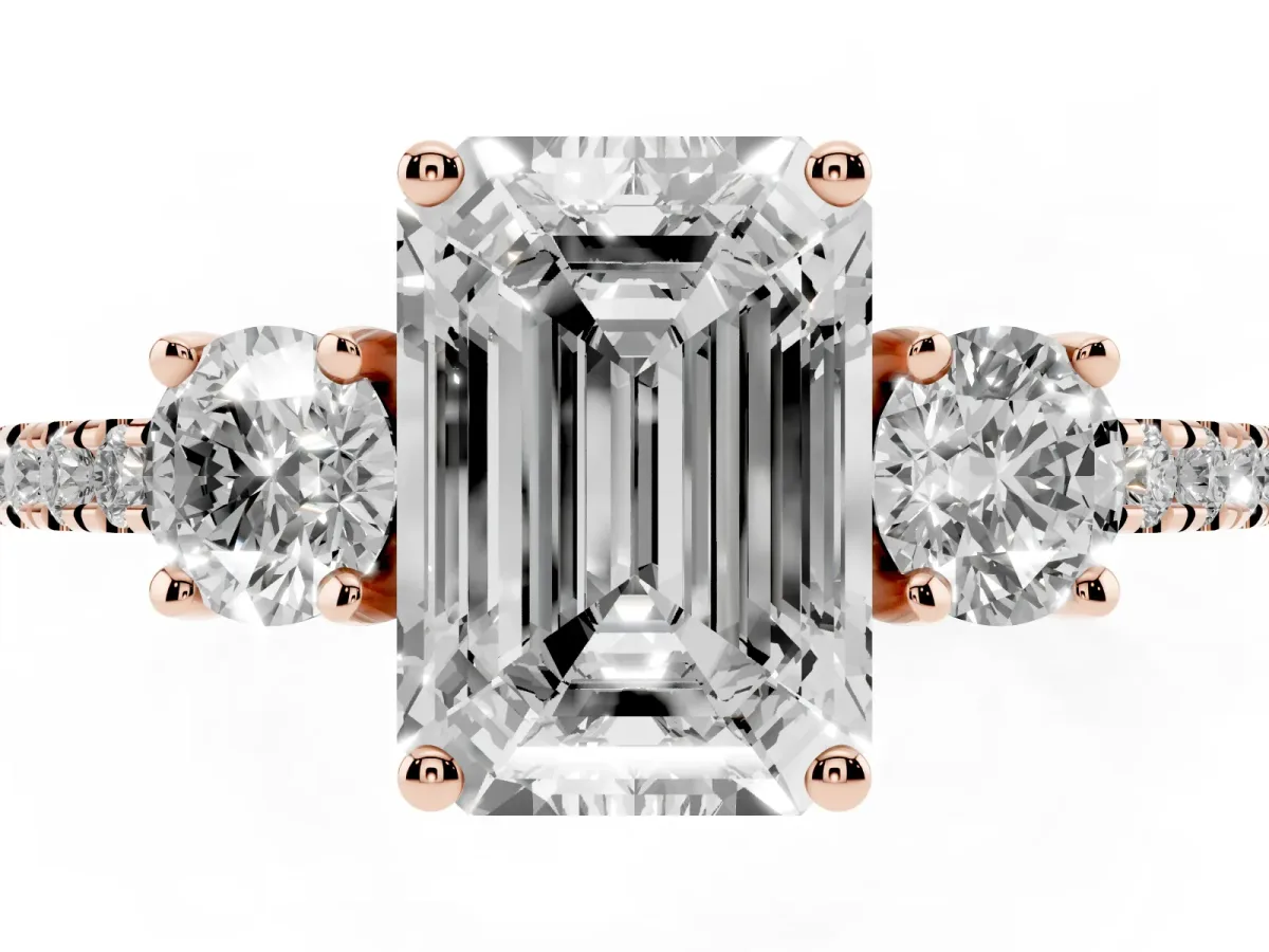 Three-Stone Emerald Cut Cut Diamond Pavé Band with Prong Setting Rose gold