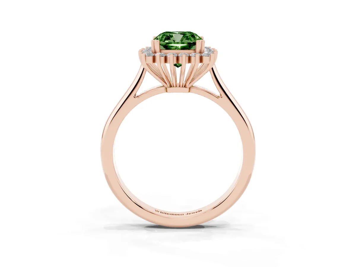 Fancy Green Cushion Cut Cut Diamond Halo Ring with Solitaire Band and Prong Setting Rose gold