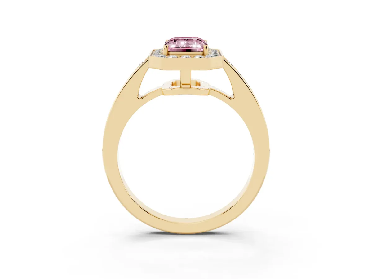 Fancy Pink Emerald Cut Halo Pavé Diamond Engagement Ring with Bezel Setting Yellow gold