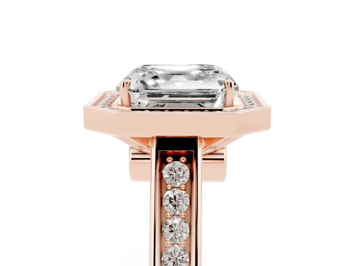 Asscher Cut Halo Solitaire Diamond Ring with Pave Band and Bezel Setting Rose gold