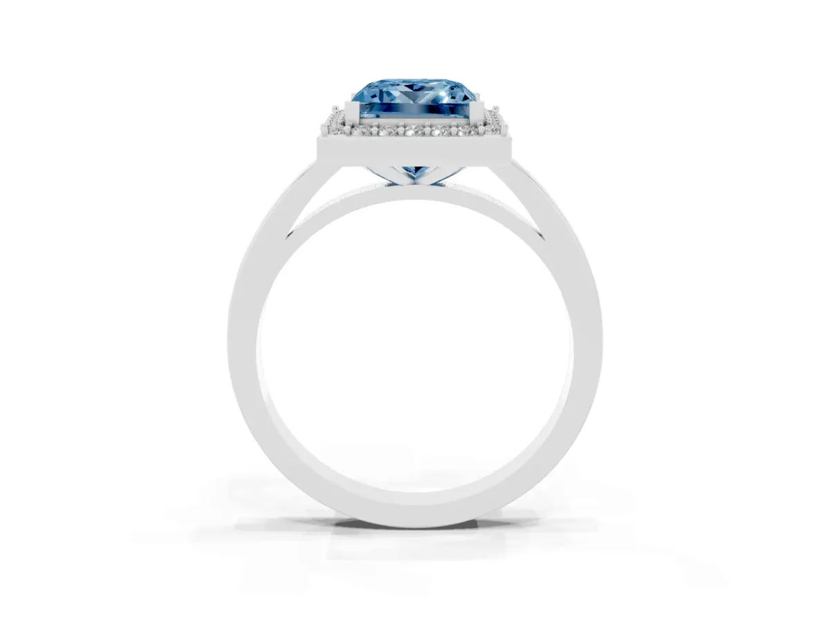 Fancy Blue Princess Cut Halo Diamond Ring with Solitaire Band and Prong Setting Silver