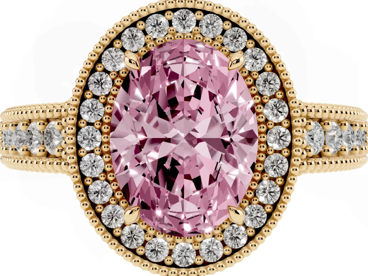 Fancy Pink Oval Cut Cut Halo Diamond Ring with Pavé Band and Four-Prong Setting Yellow gold
