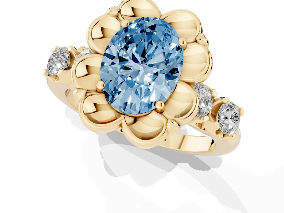 Fancy Blue Oval Cut Cut Diamond Floral Halo Engagement Ring with Shared Prong Setting Yellow gold