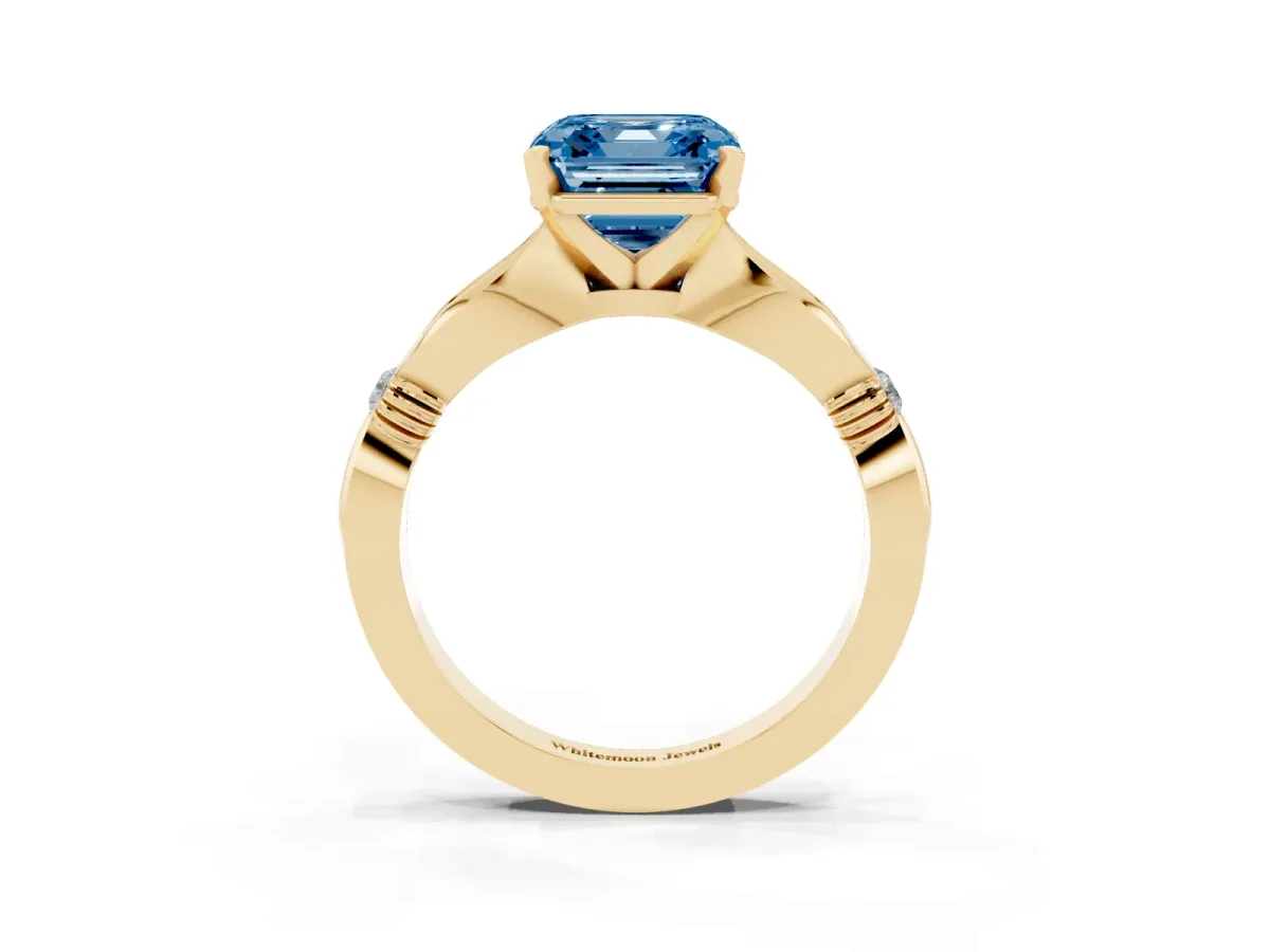Fancy Blue Asscher Cut Solitaire Diamond Twisted Band with Four-Prong Setting Yellow gold