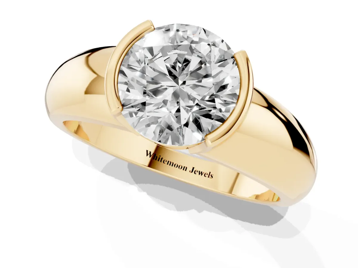 Round Cut Solitaire Tension Set Diamond Ring with Wide Band Yellow gold