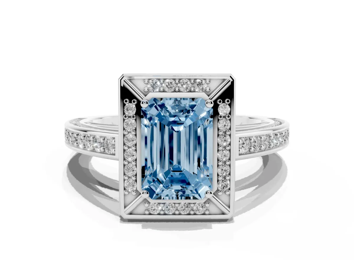 Fancy Blue Emerald Cut Cut Halo Pave Split Shank Prong Setting Ring Platinum