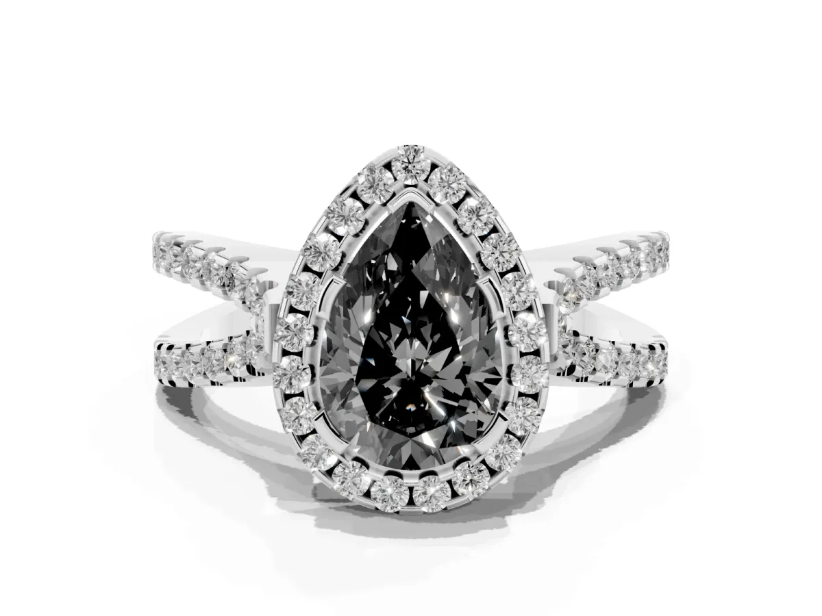 Fancy Black Pear Cut Diamond Halo Ring with Split Shank Pavé Band and Prong Setting Silver