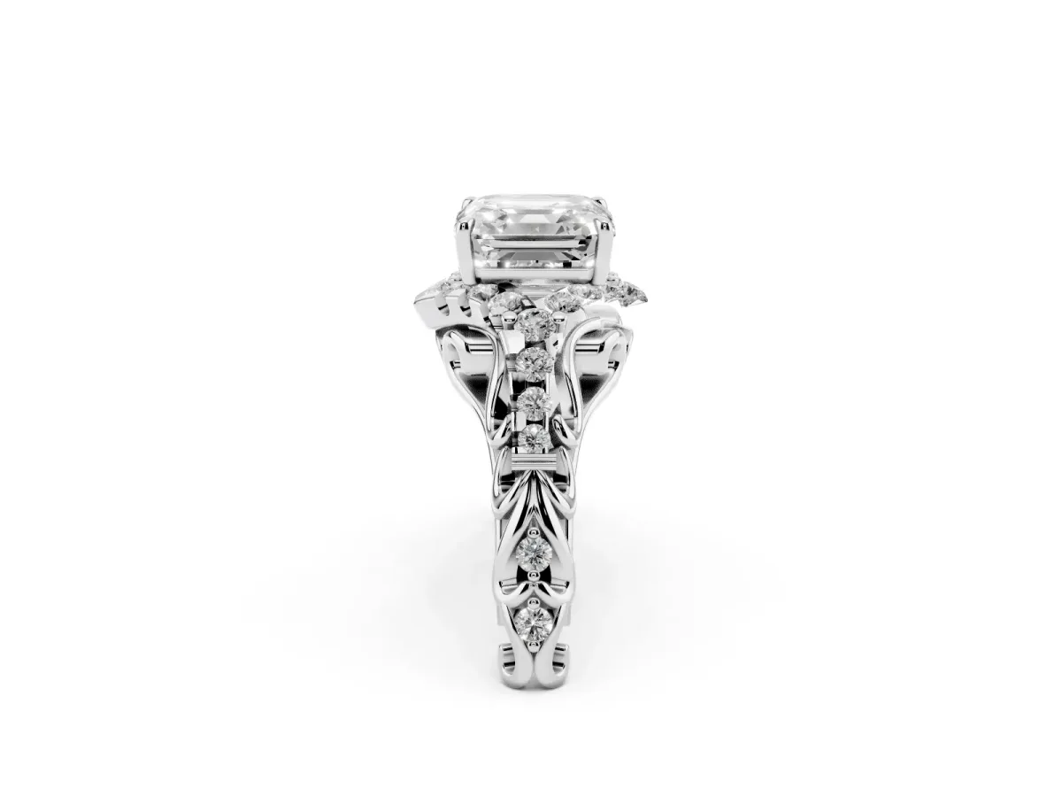 Asscher Cut Diamond Solitaire Ring with Hidden Halo and Pavé Band Platinum