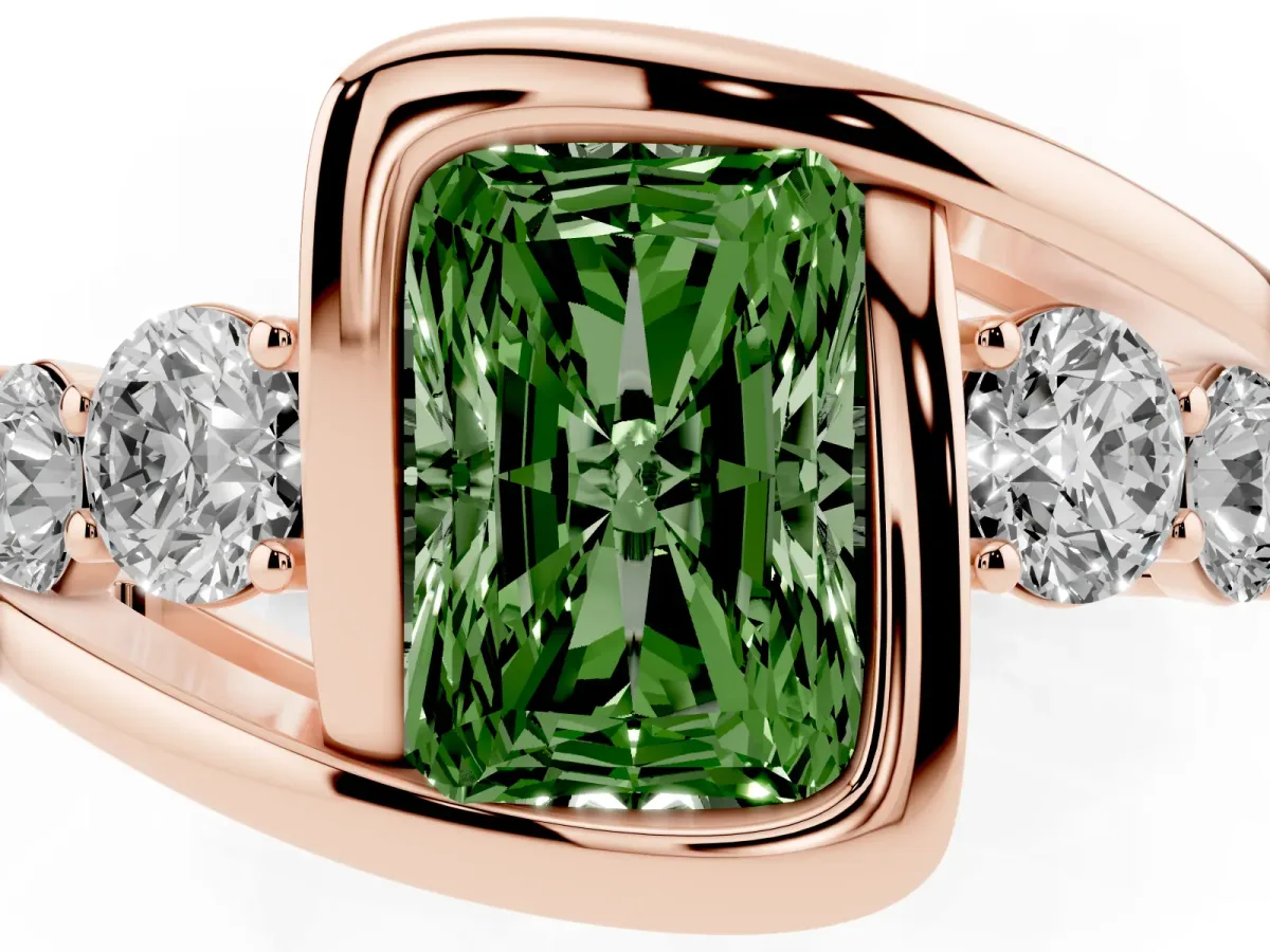 Fancy Green Bezel Set Radiant Cut Diamond Bypass Ring with Round Accents Rose gold